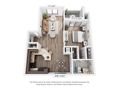 Floor plan for 1 bed, 1 bath, 779 sqft